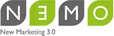 Logo der Marke „NEMO – New Marketing 3.0“ mit stilisierten Buchstaben in grauen und grünen Blattformen. Unter dem Schriftzug steht der Slogan „New Marketing 3.0“.